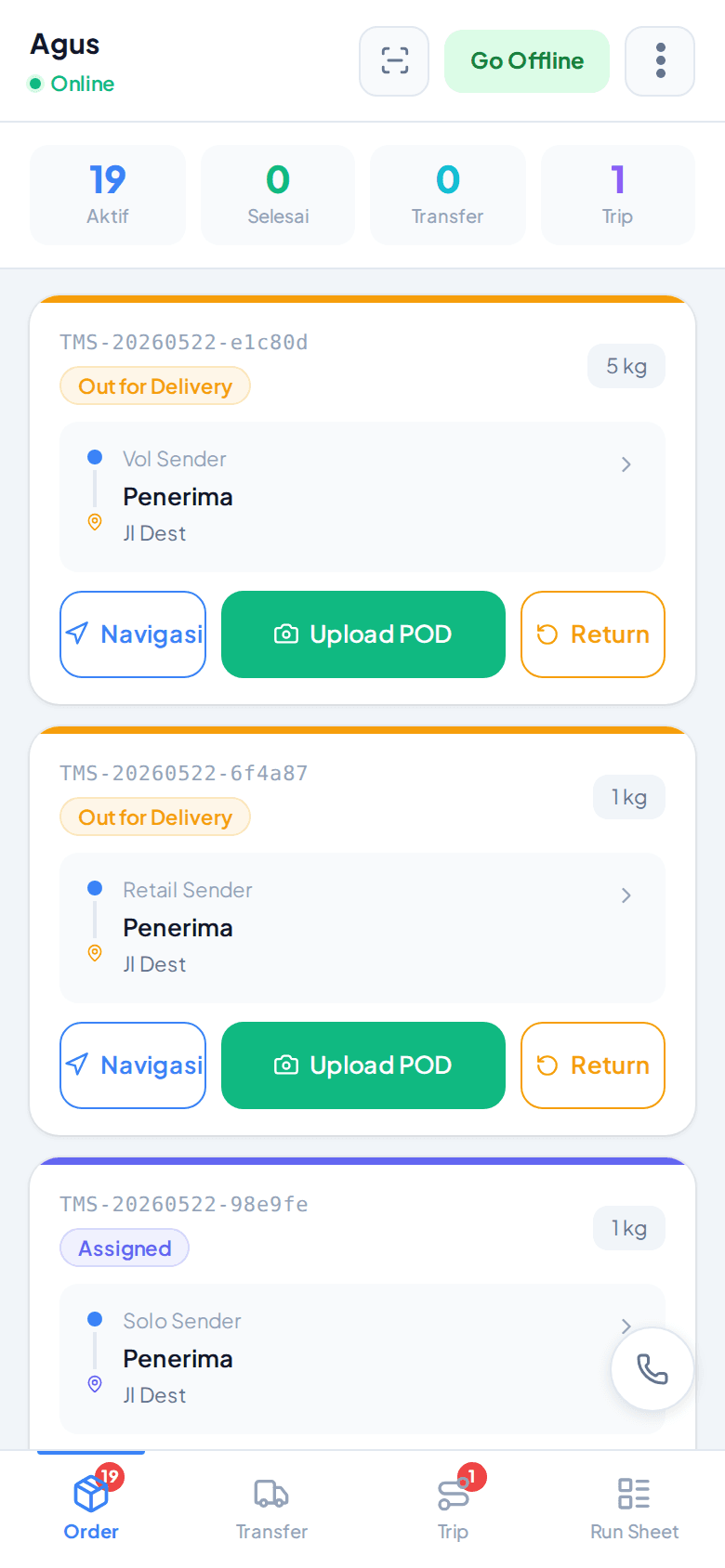 Tampilan driver di HP