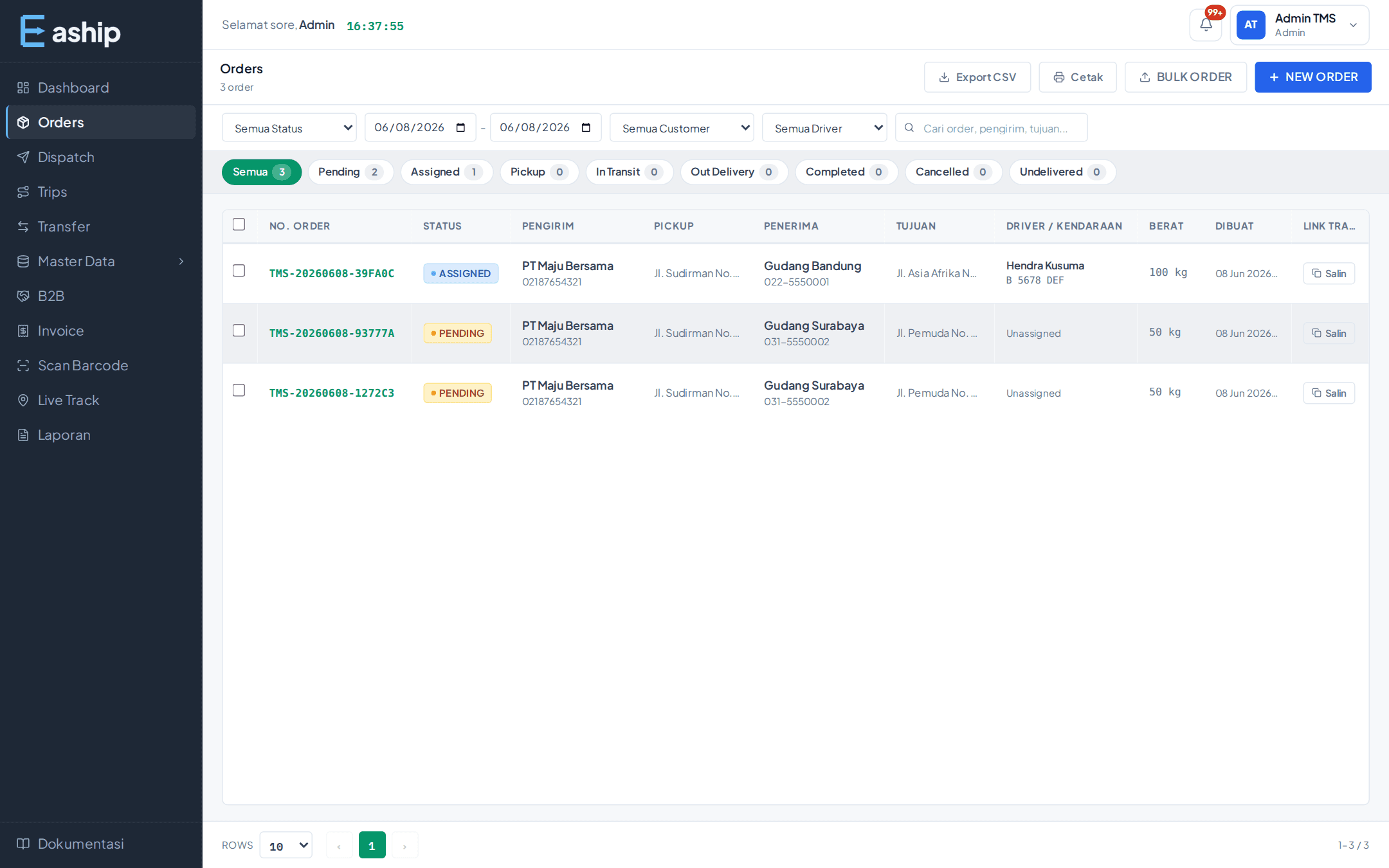 Manajemen Order Eaship - daftar pengiriman dengan filter status